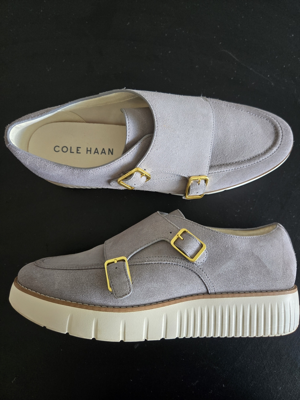 Cole Haan Grey Suede Double Monk Strap Platform Loafers Sz 10